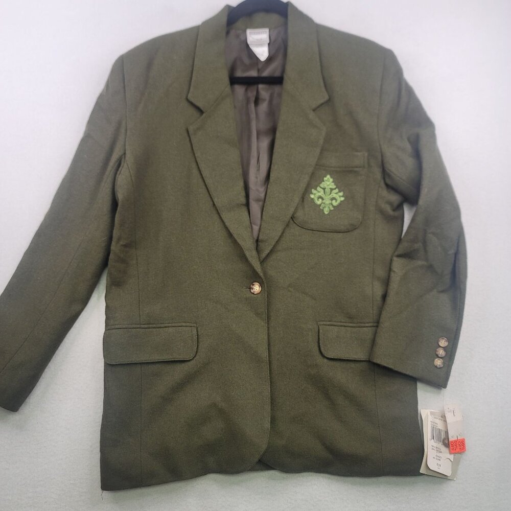 Vintage Jantzen Wool Blend Blazer Jacket 8 Green Embroidered Workwear Academia